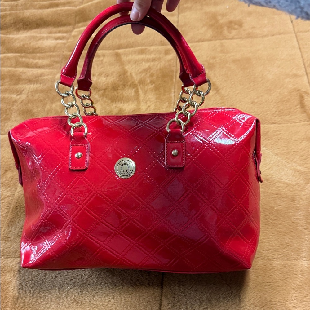 Tommy Hilfiger Red Patent Satchel with Gold Chains
